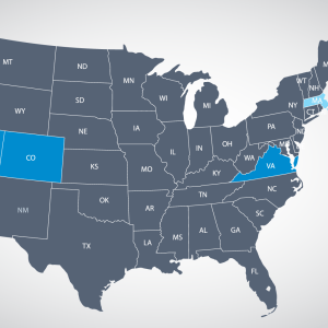 Graphic of the United States with Colorado, Virginia, and Massachusetts highlighted