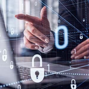 Closeup of hand pointing at laptop screen with an overlay of padlocks